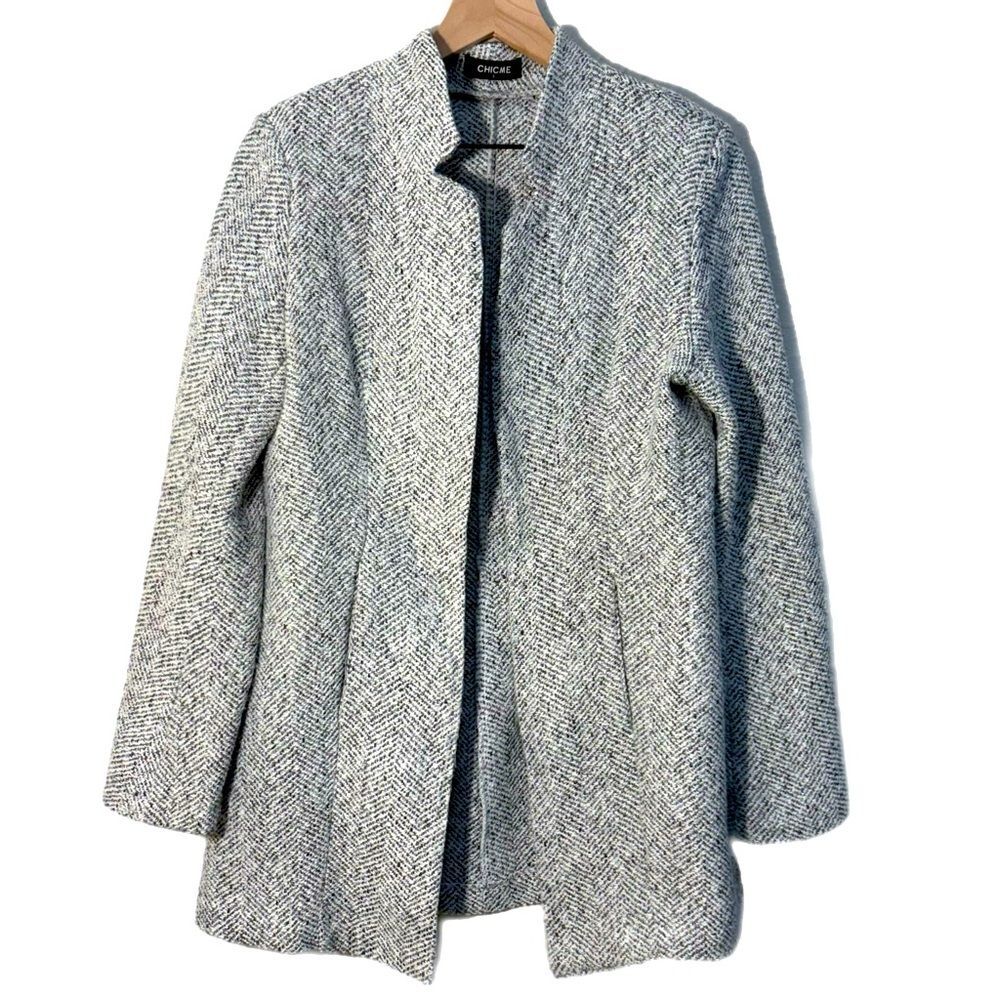 CHIME Tweed Jacket Tailored Open Front Pockets Classic Gray White L.